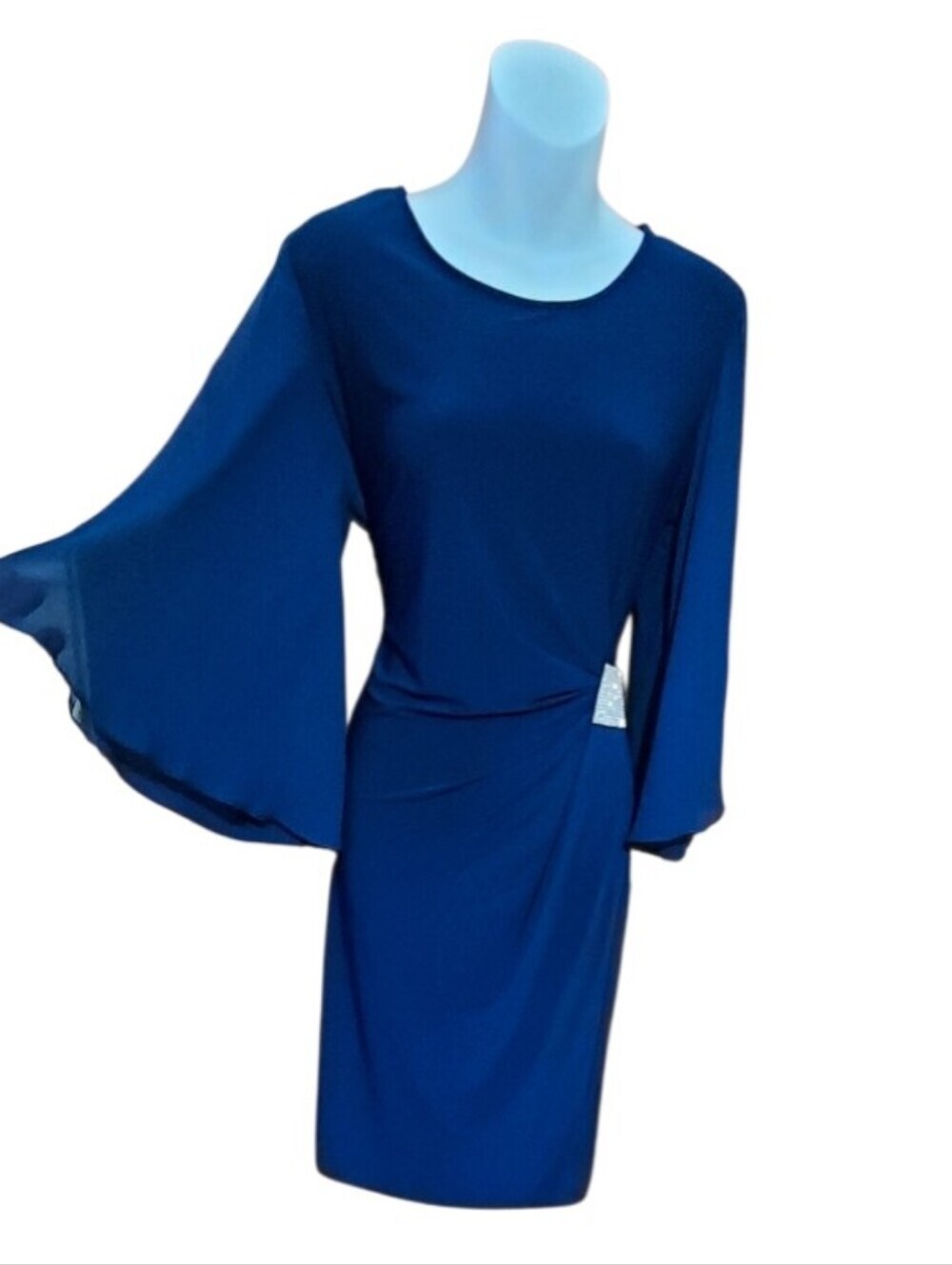 NWT Elegant MSK Blue Sheath Dress with Draped Cape Sleeves & Crystal Brooch Sz 4 - Picture 3 of 5
